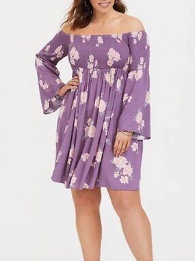 Torrid 3 3X NWT Purple Floral Smocked Bell Sleeve Boho Mini Dress